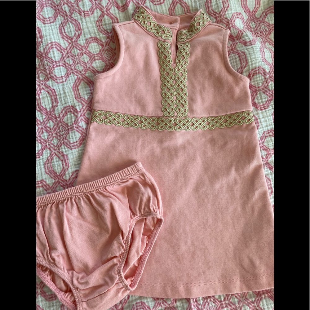 Beautiful Janie and Jack ponte gold trim dress with matching bloomers